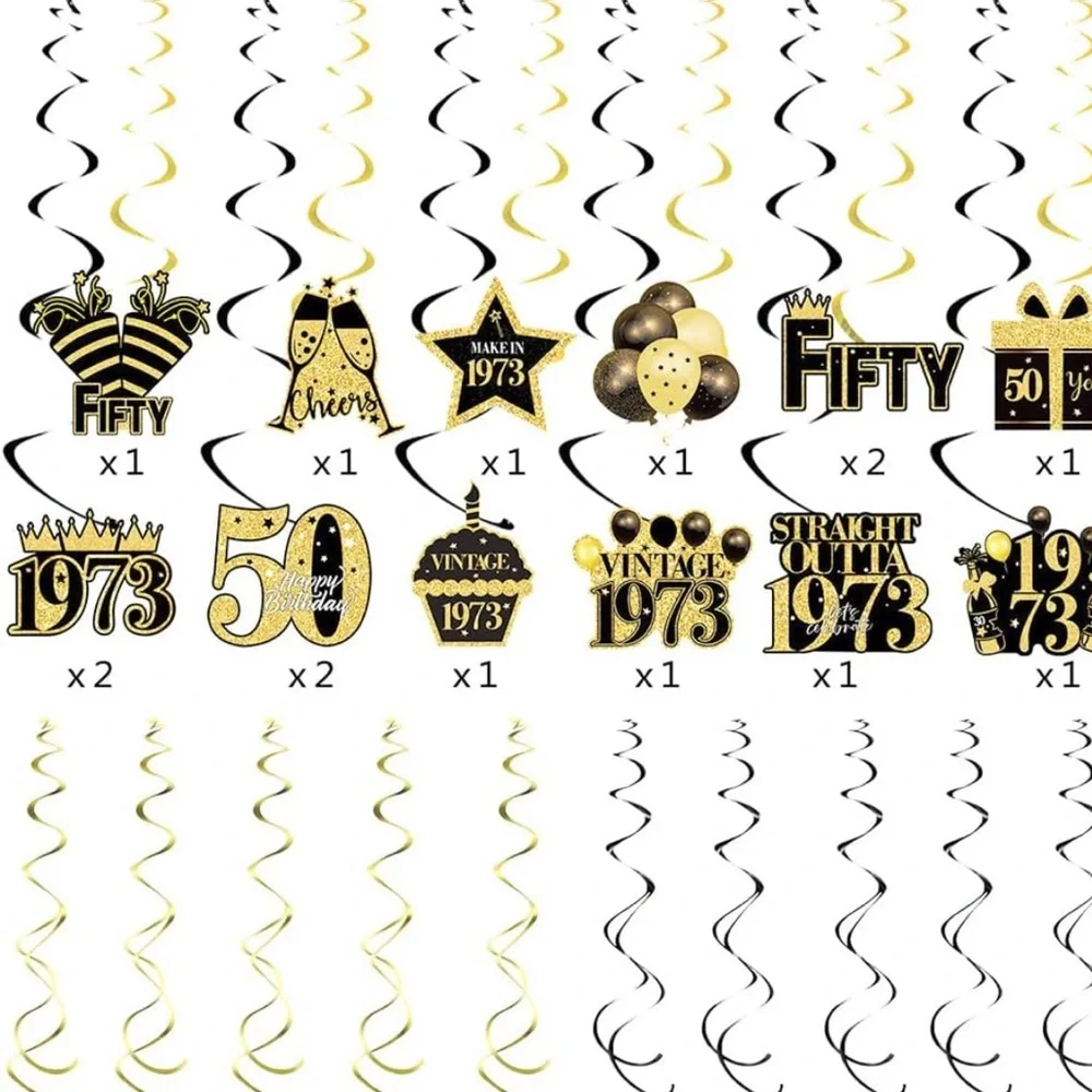 50th Birthday Hanging Swirls 45PCS Gold Party Ceiling Decorations 1973 New